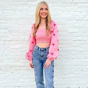 EUC - Main Strip Heartfelt Milkmaid Smocked Sequin Hearts Crop Top - Size: Large